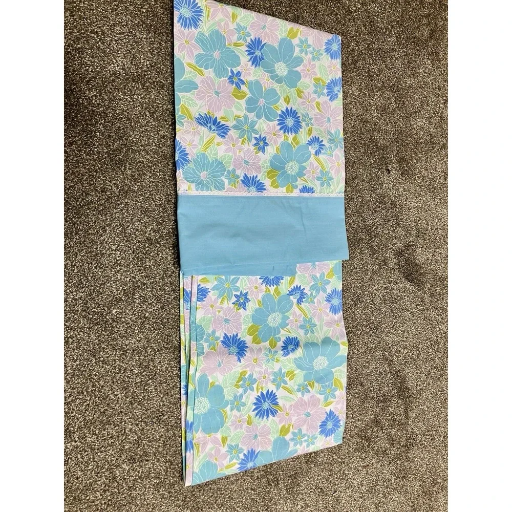 Vintage Springmaid Wondercale Blue White Floral TWIN FLAT SHEET Percale Cottage